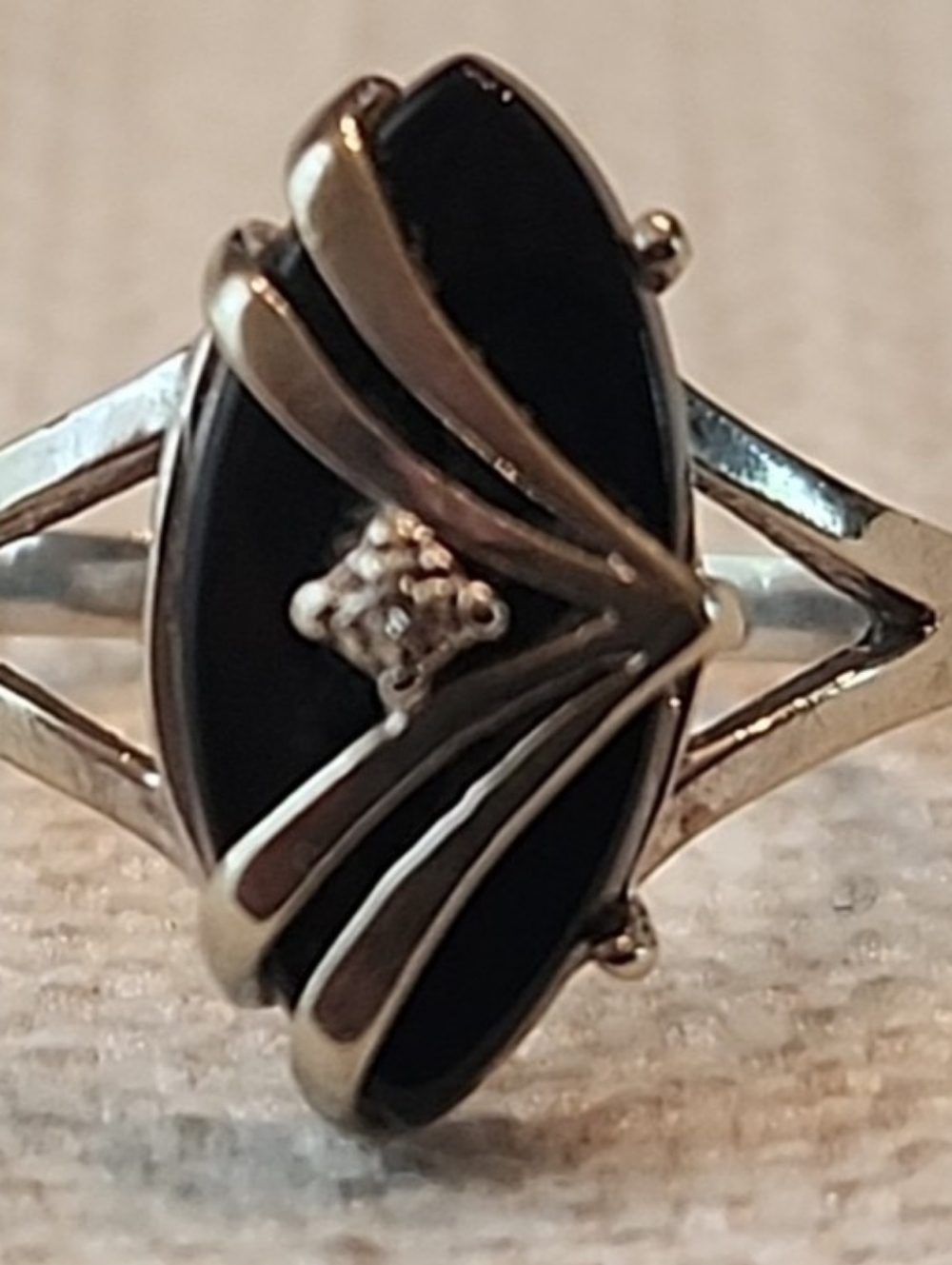 Vintage Sterling Silver Black Onyx Ring with Diamond Accent
